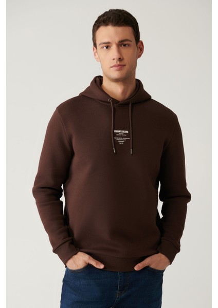 Erkek Kahverengi Kapüşonlu 3 Iplik Şardonlu Baskılı Sweatshirt A41y1247