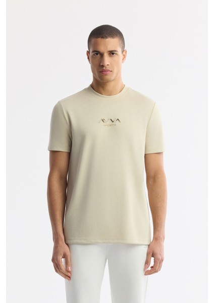 Erkek Bej Regular Fit Bisiklet Yaka Hologram Baskılı İnterlok T-Shirt A51Y1006