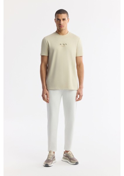 Erkek Bej Regular Fit Bisiklet Yaka Hologram Baskılı İnterlok T-Shirt A51Y1006