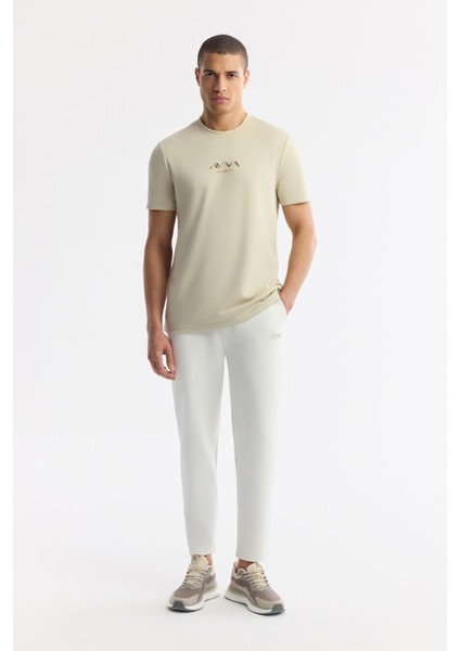 Erkek Bej Regular Fit Bisiklet Yaka Hologram Baskılı İnterlok T-Shirt A51Y1006