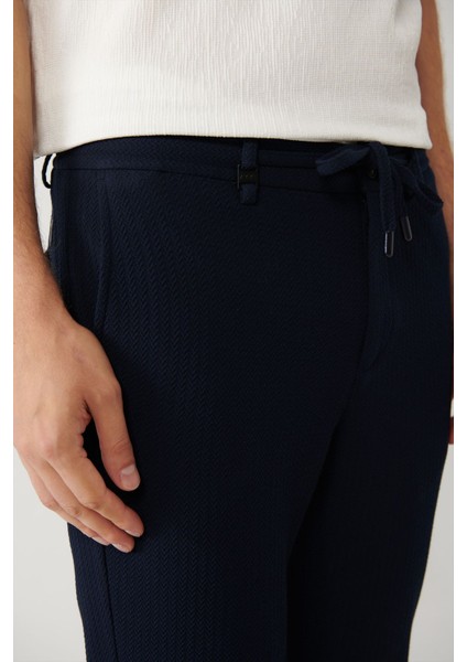 Erkek Lacivert Relaxed Fit Beli Lastikli Ve Bağcıklı Bi Stretch Pantolon A41y3232