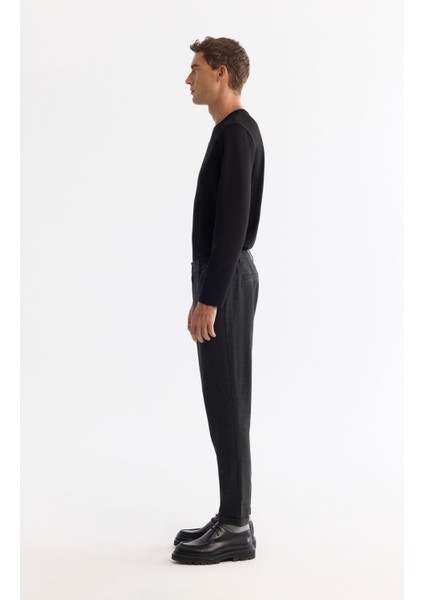 Erkek Siyah Slim Fit Yanı Lastikli Pileli Ekose Duble Paça Pantolon A42Y3043