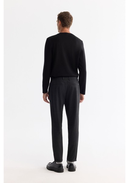 Erkek Siyah Slim Fit Yanı Lastikli Pileli Ekose Duble Paça Pantolon A42Y3043