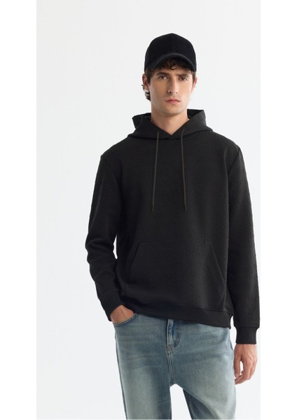 Erkek Siyah Kapüşonlu Baskılı Elastan Sweatshirt A42y1332