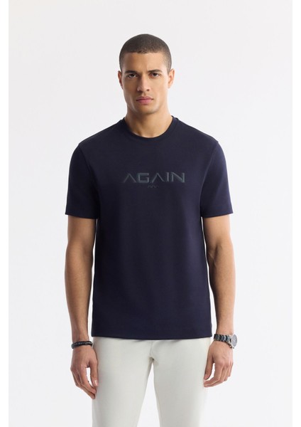 Erkek Lacivert Regular Fit Bisiklet Yaka Hologram Baskılı Interlok T-shirt A51y1132