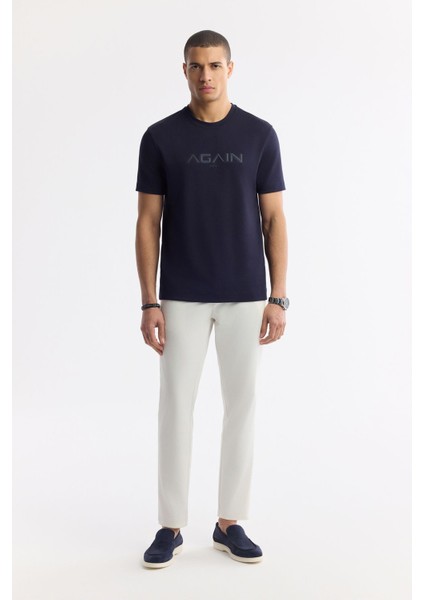 Erkek Lacivert Regular Fit Bisiklet Yaka Hologram Baskılı Interlok T-shirt A51y1132