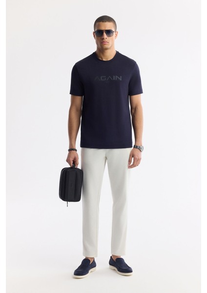 Erkek Lacivert Regular Fit Bisiklet Yaka Hologram Baskılı Interlok T-shirt A51y1132