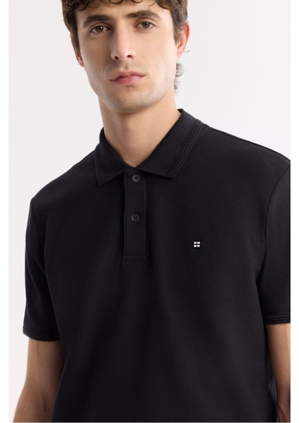 Erkek Siyah %100 Pamuk Hızlı Kuruyan Kıvrılmayan Polo Yaka T-Shirt B001032