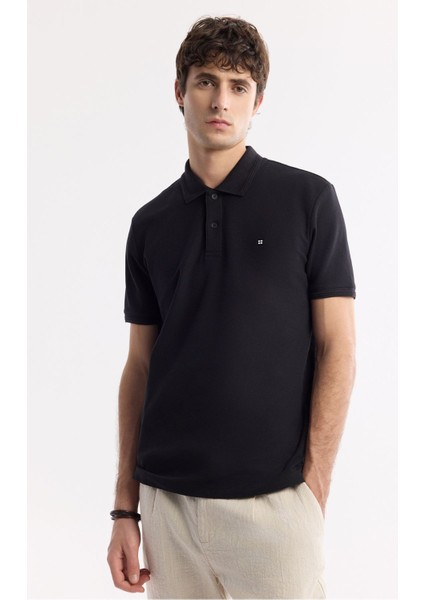 Erkek Siyah %100 Pamuk Hızlı Kuruyan Kıvrılmayan Polo Yaka T-Shirt B001032