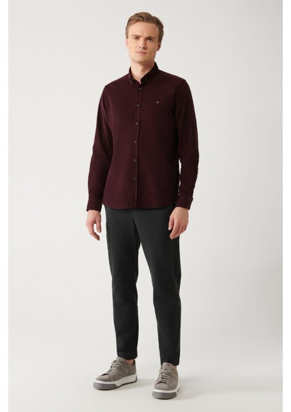 Erkek Bordo Regular Fit Fitilli Kadife %100 Pamuk Gömlek B002032