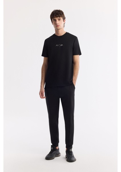 Erkek Siyah Bisiklet Yaka Hologram Baskılı İnterlok T-Shirt A51Y1006