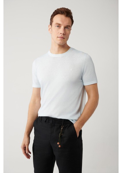 Erkek Açık Mavi Bisiklet Yaka Garment Dyed T-shirt A41y5074