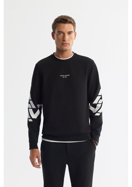 Erkek Siyah Bisiklet Yaka Pamuklu Baskılı Elastan Sweatshirt A42y1256