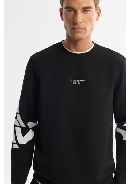 Erkek Siyah Bisiklet Yaka Pamuklu Baskılı Elastan Sweatshirt A42y1256 fiyatları