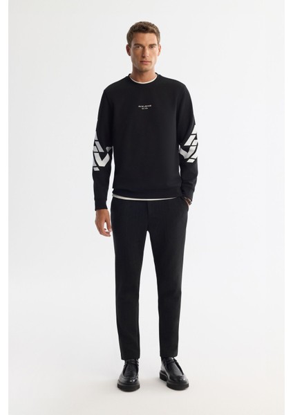 Erkek Siyah Bisiklet Yaka Pamuklu Baskılı Elastan Sweatshirt A42y1256 indirimleri