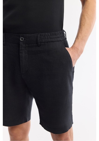 Erkek Siyah Relaxed Fit Beli Lastikli %100 Keten Assos Şort B003732
