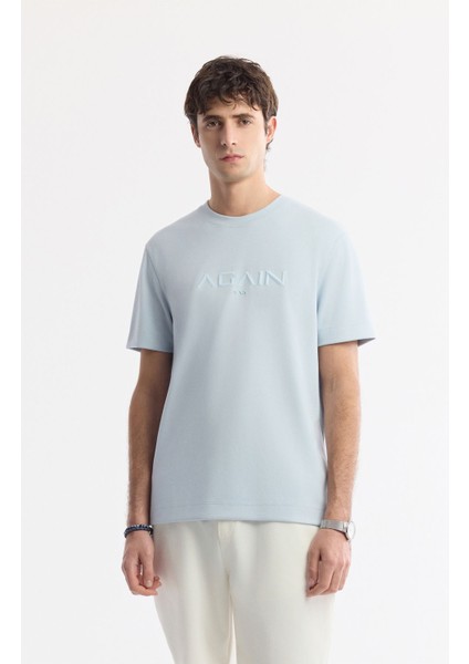 Erkek Açık Mavi Regular Fit Bisiklet Yaka Hologram Baskılı Interlok T-shirt A51y1132