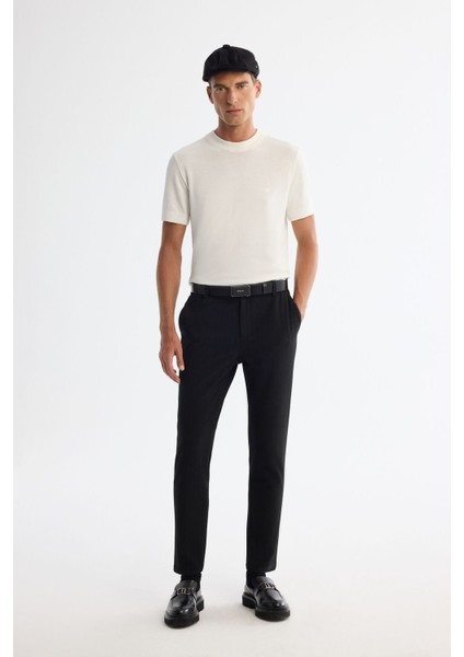 Erkek Siyah Slim Fit Yanı Lastikli Gofreli Çizgili Elastan Chino Pantolon A42Y3044