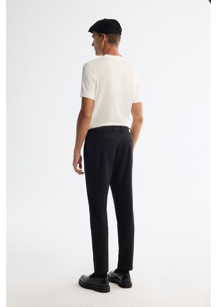 Erkek Siyah Slim Fit Yanı Lastikli Gofreli Çizgili Elastan Chino Pantolon A42Y3044