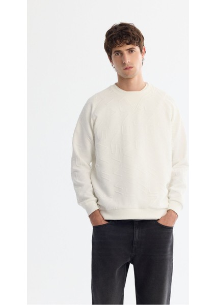 Erkek Ekru Bisiklet Yaka Baskılı Elastan Sweatshirt A42y1335