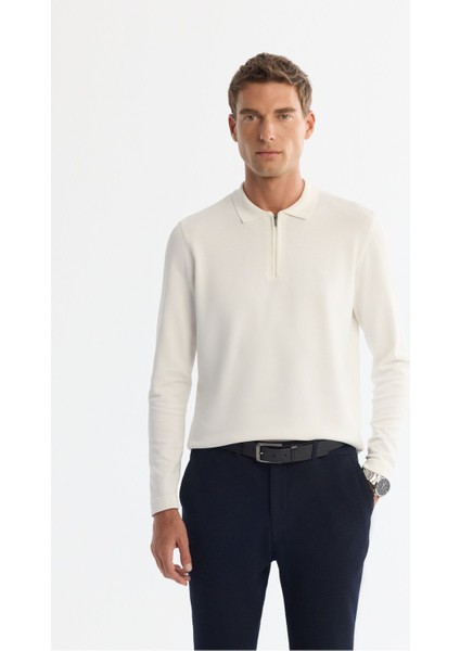 Erkek Ekru Fermuarlı Polo Yaka Rayon Triko Kazak A42y5009