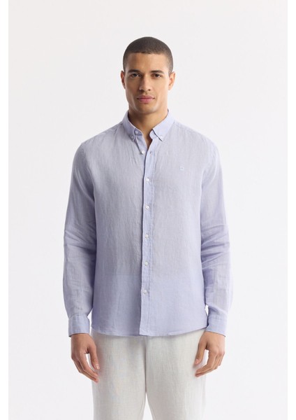 Erkek Lila Comfort Fit %100 Keten Düğmeli Yaka Gömlek B002191