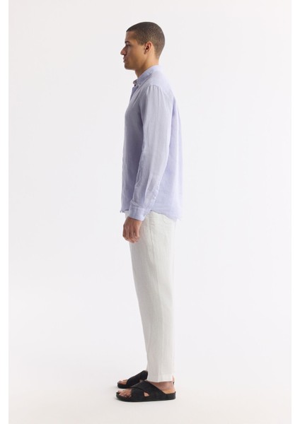 Erkek Lila Comfort Fit %100 Keten Düğmeli Yaka Gömlek B002191 modelleri