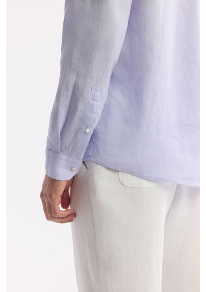 Erkek Lila Comfort Fit %100 Keten Düğmeli Yaka Gömlek B002191 indirimleri