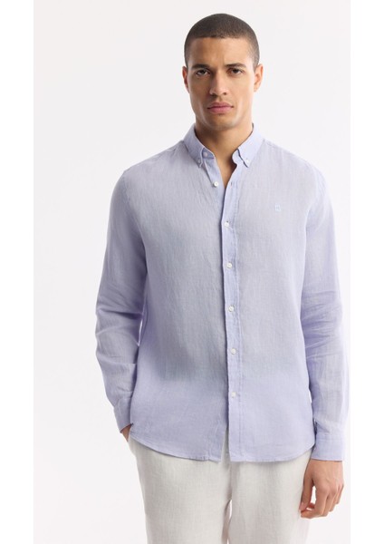 Erkek Lila Comfort Fit %100 Keten Düğmeli Yaka Gömlek B002191