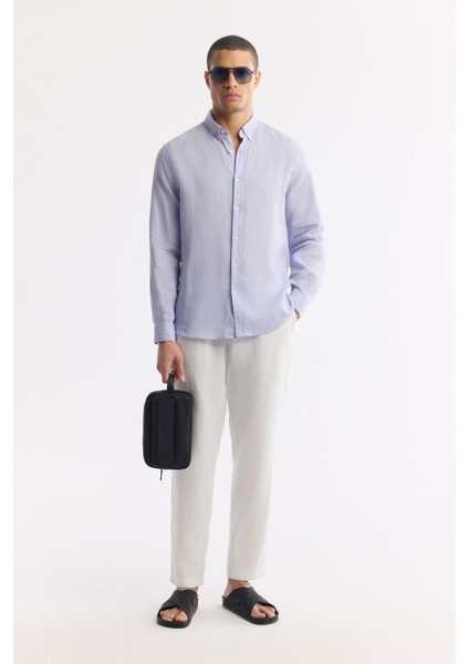 Erkek Lila Comfort Fit %100 Keten Düğmeli Yaka Gömlek B002191