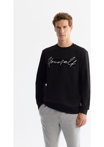 Erkek Siyah Bisiklet Yaka Pamuklu Baskılı Elastan Sweatshirt A42Y1258