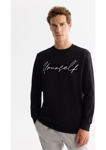 Erkek Siyah Bisiklet Yaka Pamuklu Baskılı Elastan Sweatshirt A42Y1258 indirimleri