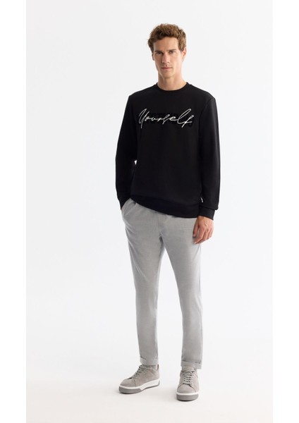 Erkek Siyah Bisiklet Yaka Pamuklu Baskılı Elastan Sweatshirt A42Y1258