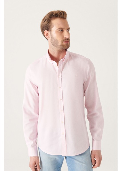 Erkek Açık Pembe Oxford %100 Pamuk Düğmeli Yaka Gömlek B002003