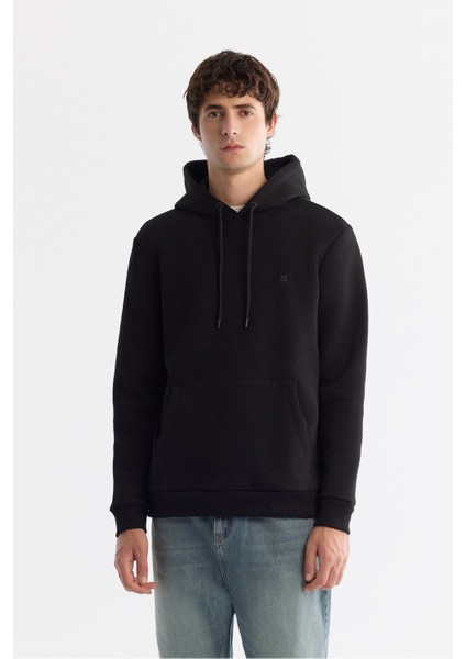 Erkek Siyah Kapüşonlu Yaka 3 Iplik Şardonlu Sweatshirt B001103