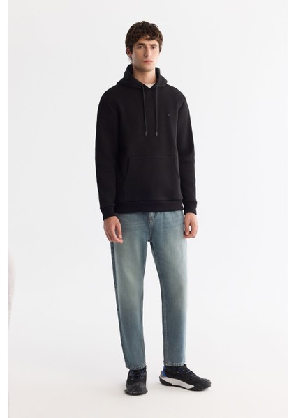 Erkek Siyah Kapüşonlu Yaka 3 Iplik Şardonlu Sweatshirt B001103