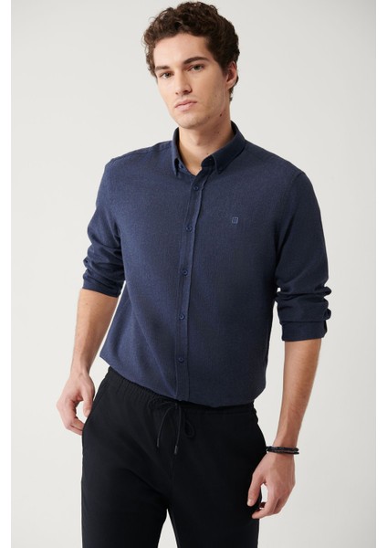 Erkek Lacivert Regular Fit Düğmeli Yaka %100 Pamuk Gömlek B002033