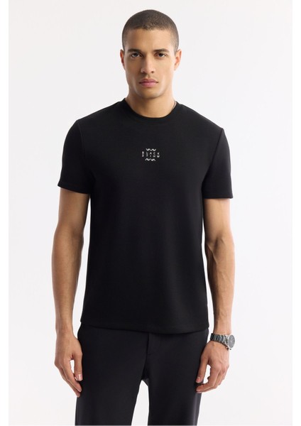 Erkek Siyah Bisiklet Yaka Baskılı İnterlok T-Shirt A51Y1162