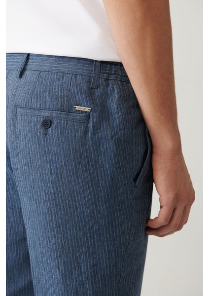 Erkek Mavi Relaxed Fit Beli Lastikli Keten Karışımlı Linen Touch Takım Elbise Pantolonu A41y3260