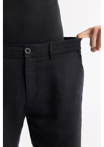 Erkek Siyah Relaxed Fit Beli Lastikli %100 Keten Assos Şort B003732
