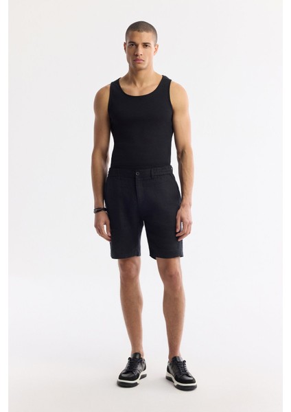 Erkek Siyah Relaxed Fit Beli Lastikli %100 Keten Assos Şort B003732