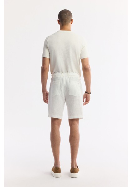 Erkek Beyaz Relaxed Fit Beli Lastikli %100 Keten Assos Şort B003732