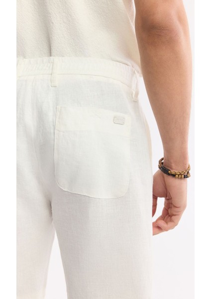 Erkek Beyaz Relaxed Fit Beli Lastikli %100 Keten Assos Şort B003732