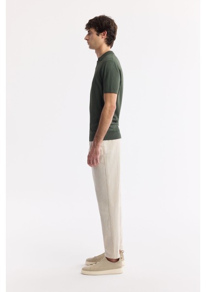 Erkek Haki Düğmesiz Polo Yaka Boyuna Ajur Desenli Rayon Triko T-shirt A51Y5015 modelleri