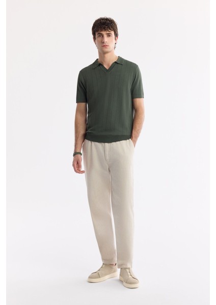 Erkek Haki Düğmesiz Polo Yaka Boyuna Ajur Desenli Rayon Triko T-shirt A51Y5015 indirimleri
