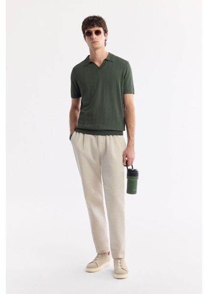 Erkek Haki Düğmesiz Polo Yaka Boyuna Ajur Desenli Rayon Triko T-shirt A51Y5015