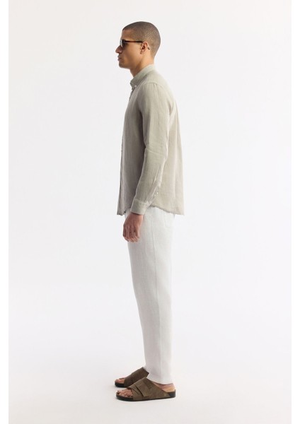 Erkek Gri Comfort Fit %100 Keten Düğmeli Yaka Gömlek B002191