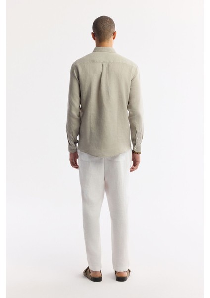 Erkek Gri Comfort Fit %100 Keten Düğmeli Yaka Gömlek B002191