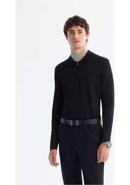 Erkek Siyah Fermuarlı Polo Yaka Rayon Triko Kazak A42y5009