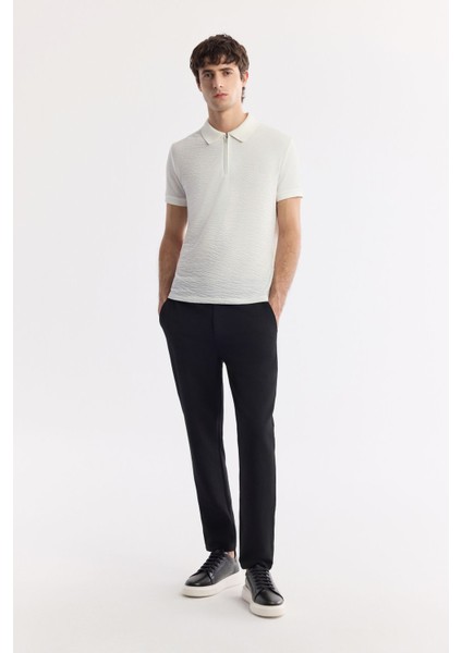 Erkek Beyaz Fermuarlı Polo Yaka Dokulu Jakarlı T-Shirt A51Y1019
